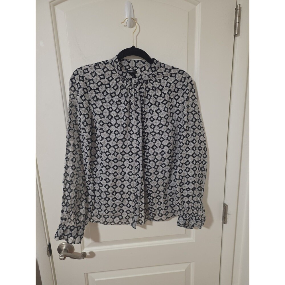 Club Monaco Printed Black And White Silk Cotton Shirt Semi Sheer Work